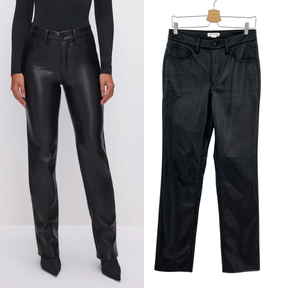 Good American Good Icon Faux Leather Pants Straight Leg Black Size 6‎ 28